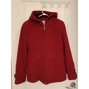 St. John's Bay Red Wool & Cashmere Blend Coat Women's Small Hooded Anorak Zip Up